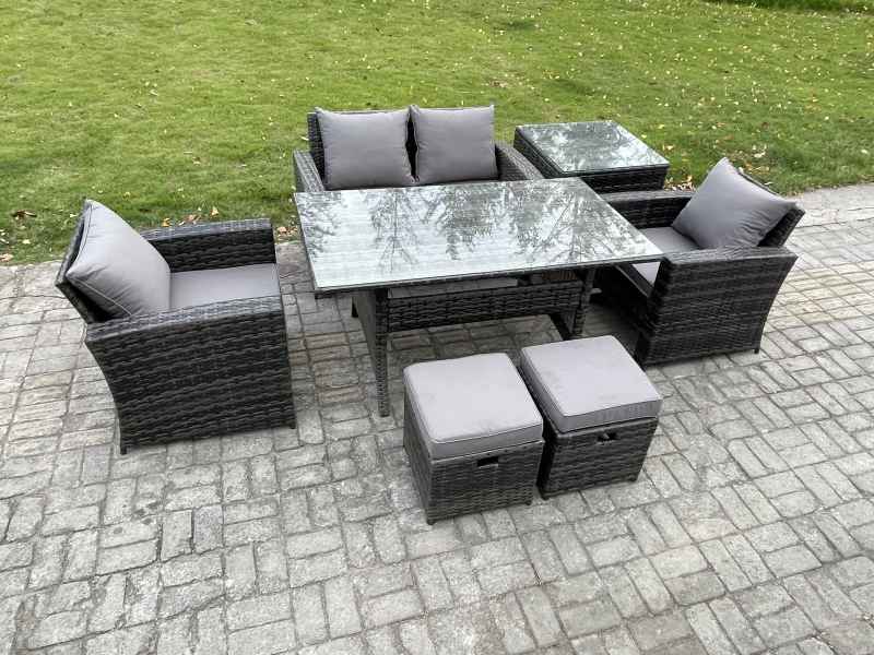 Fimous PE Wicker Outdoor Garden Furniture Set Patio Furniture Rattan Rectangular Dining Table Lounge Sofa with Side Table 2 Small Footstool
