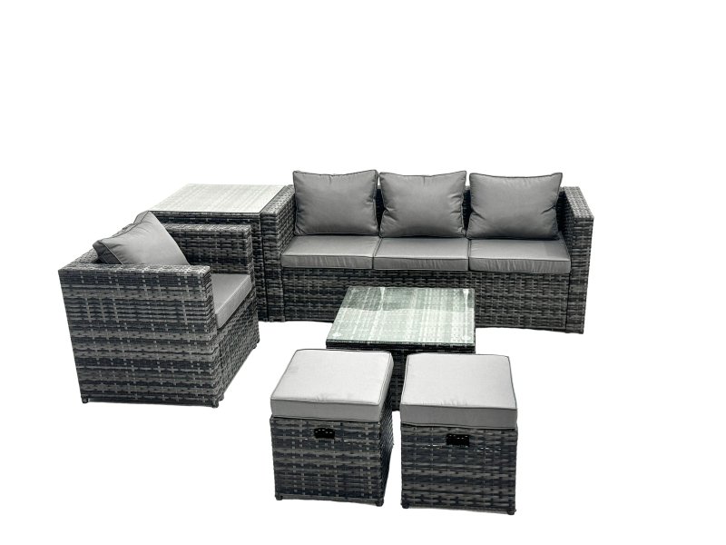 Fimous Outdoor Rattan Garden Furniture Set 6 Seater Patio Lounge Sofa Set with Armchair Square Coffee Table Side Table 2 Small Footstools Dark Grey Mixed