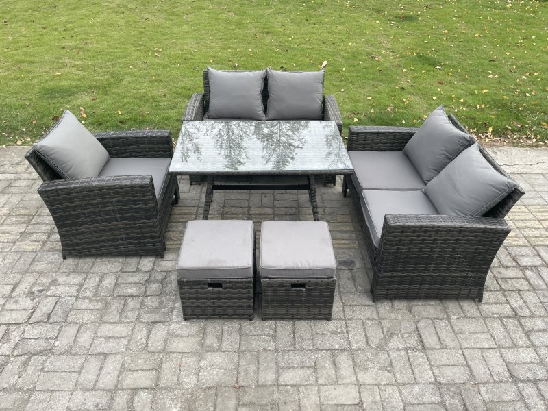 Fimous Wicker PE Rattan Garden Dining Set Outdoor Furniture Sofa with Rectangular Dining Table Love Seat Sofa 2 Small Footstools Dark Grey Mixed