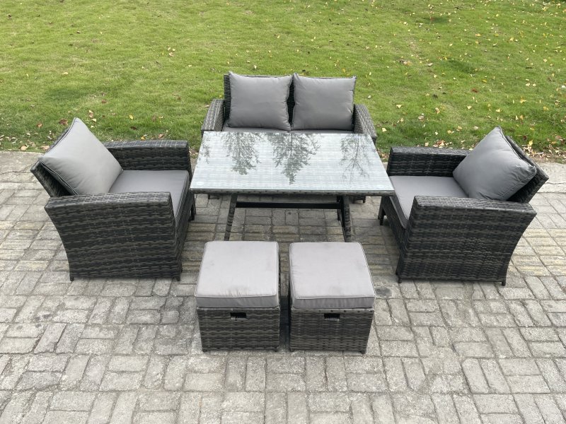 Fimous 6 Seater Outdoor Garden Furniture High Back Rattan Sofa Dining Table Set with 2 Small Footstools Dark Grey Mixed