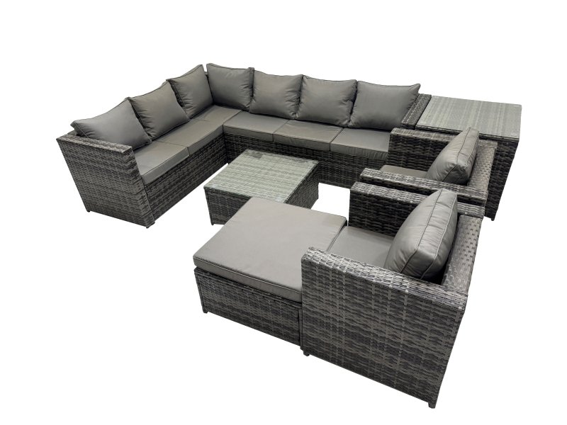 Fimous Rattan Garden Furniture Patio Furniture Sets with Corner Sofa Square Coffee Table Big Stool Side Table Dark Grey Mixed