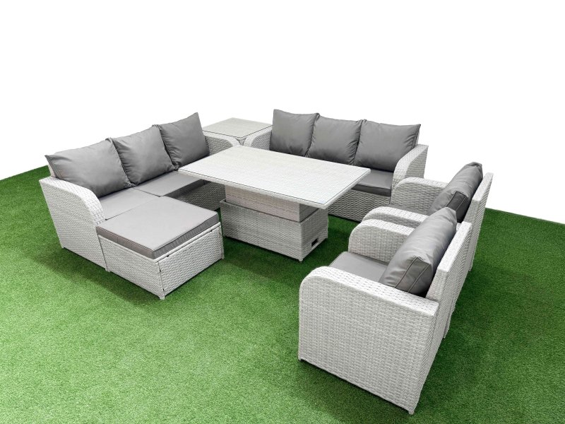 Fimous PE Rattan High Back Lounge Sofa Set Patio Adjustable Lifting Dining or Coffee Table & Chairs Set with 3 Seater Sofa Reclining Chair Big Footstool Side Table Light Grey