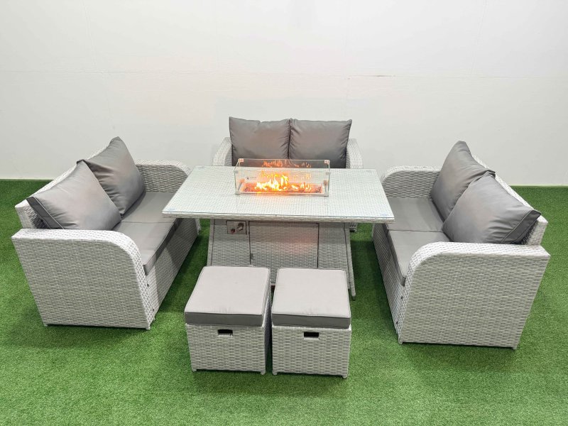 Fimous 8 Seater PE Wicker Rattan Furniture Sofa Sets with Firepit Dining Table 2 Seater Love Sofa 2 Stool Light Grey