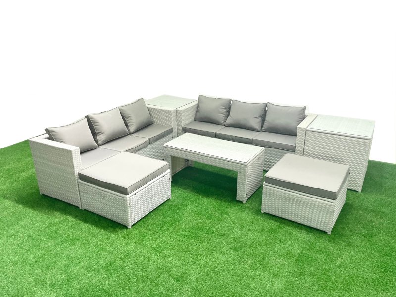Fimous 8 Seater Garden Outdoor Rattan Furniture Set Rattan Garden Sofa Oblong Coffee Table with 2 Big Footstools 2 Side Tables Light Grey Mixed