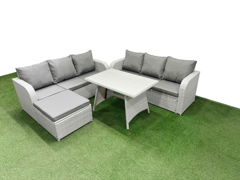 Fimous Patio Dining Table & Chairs Set Rattan High Back Lounge Sofa Set with 3 Seater Sofa Big Stool Light Grey