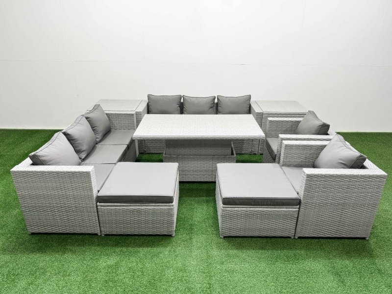 Fimous 9 PCs Rising Dining Table Set Rattan Furniture Set with 3 Seater Sofa Chair 2 Big Footstools 2 Side Tables Light Grey