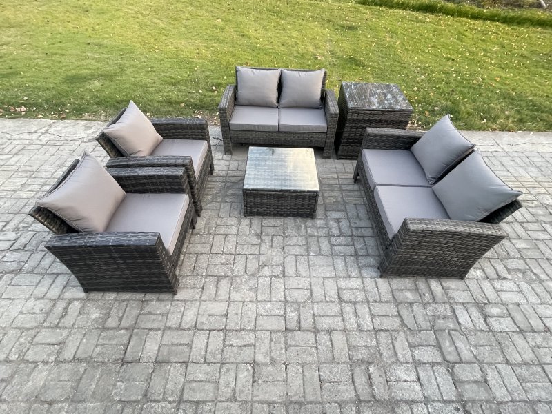 Fimous Rattan Garden Furniture Set 6 Seater Patio Outdoor Lounge Sofa Set with Square Coffee Table Double Seat Sofa Side Table Dark Grey Mixed