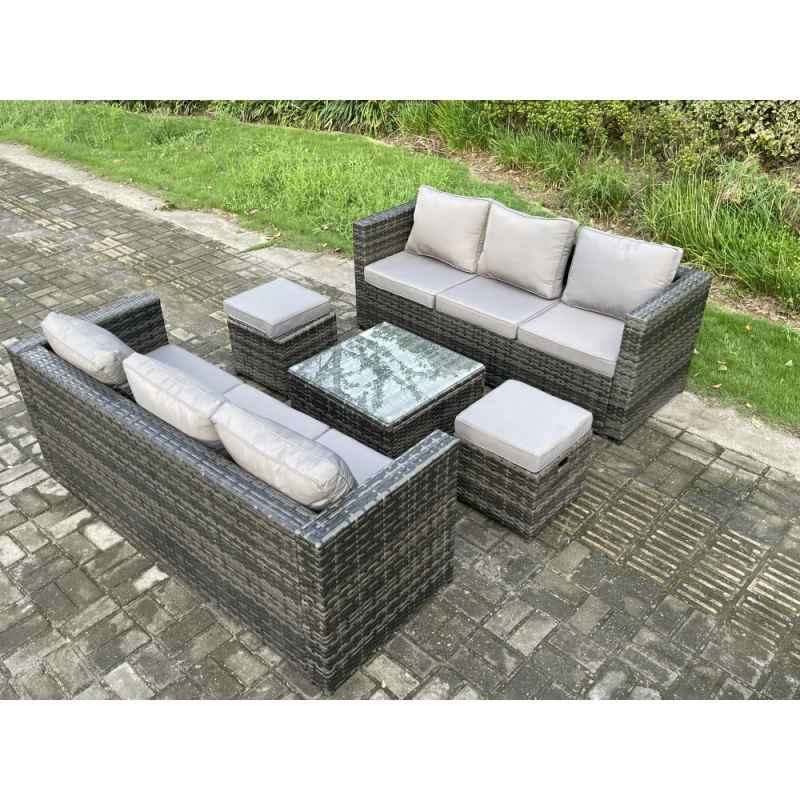 Fimous Rattan Garden Furniture Set 8 Seater Patio Outdoor Lounge Sofa Set with Square Coffee Table 2 Small Footstools Dark Grey Mixed