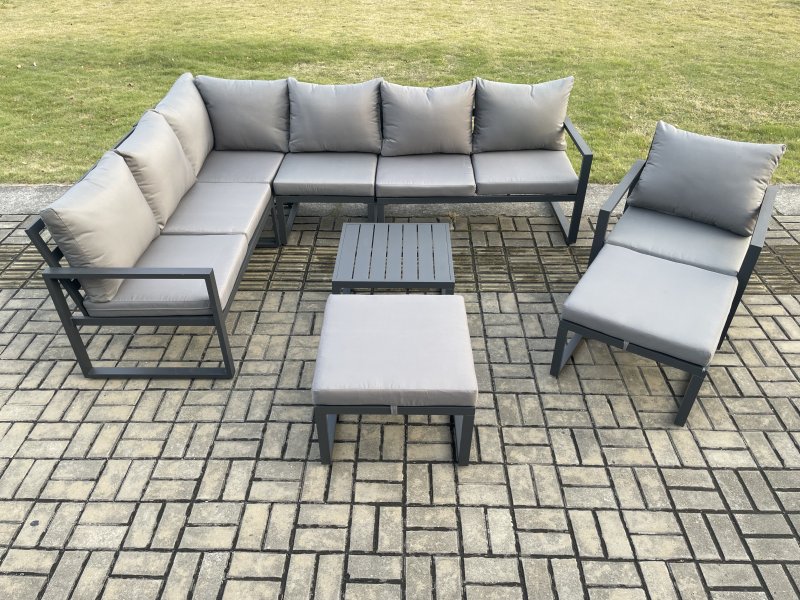 Fimous 9 Seater Outdoor Lounge Corner Sofa Set Aluminum Garden Furniture Sets with Square Coffee Table Chair 2 Big Footstool Dark Grey
