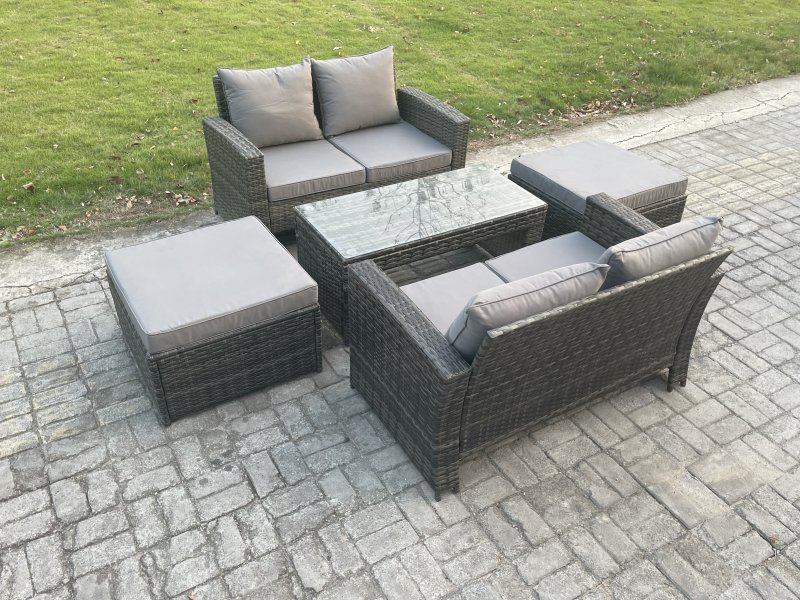 Fimous 5 Pieces Garden Furniture Sets Poly Rattan Outdoor Patio Furniture PE Wicker Furniture Set with 2 Big Footstool Loveseat and Table for Garden Backyard Dark Grey Mixed