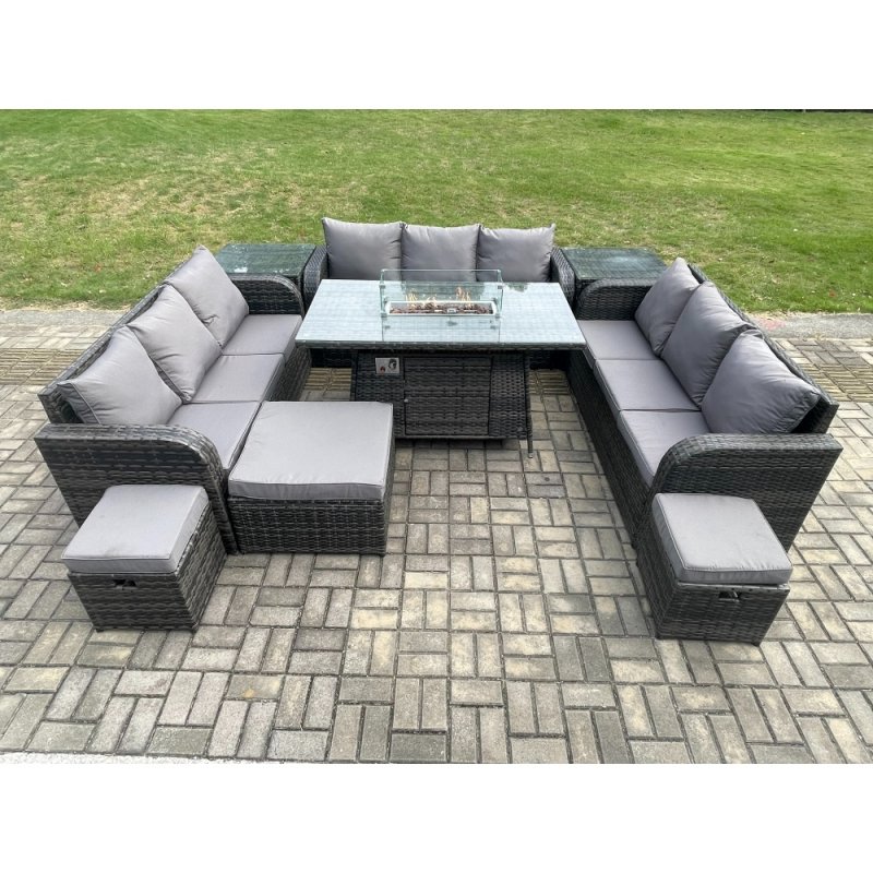 Fimous Outdoor Rattan Furniture Garden Dining Set Gas Fire Pit Table With 2 Side Tables Lounge Sofa 3 Footstool