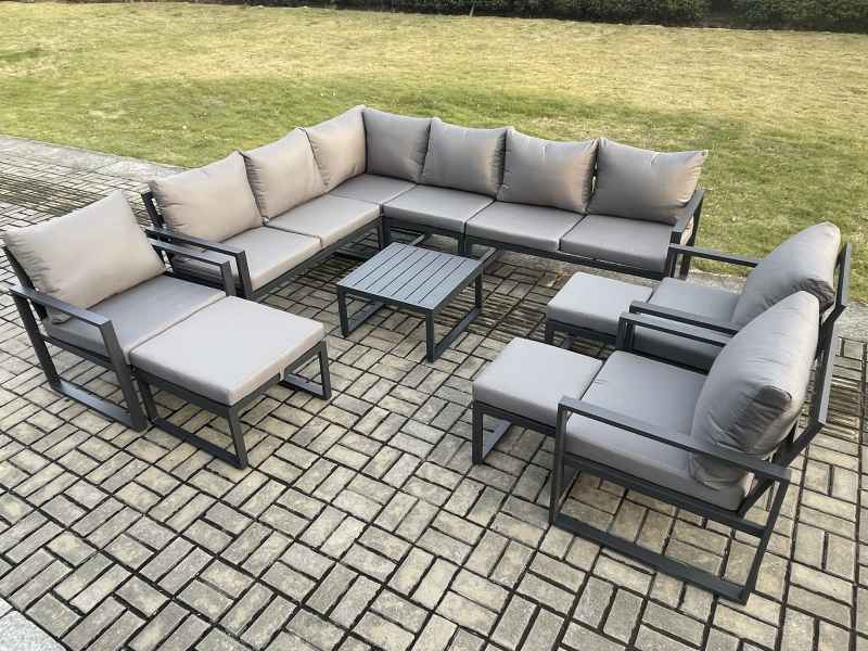 Fimous 12 Seater Outdoor Lounge Corner Sofa Set Aluminum Garden Furniture Sets with Square Coffee Table 3 Chairs 3 Footstools Dark Grey