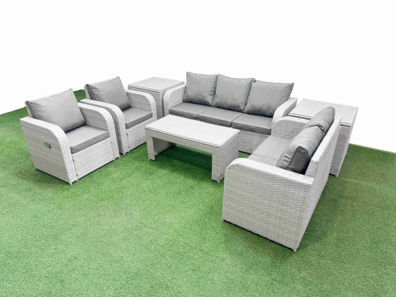 Fimous PE Rattan Garden Furniture Set Adjustable Chair Sofa Double Love Seat 2 Seater Sofa Lounge Set Rectangular Coffee Table 2 Side Table Light Grey
