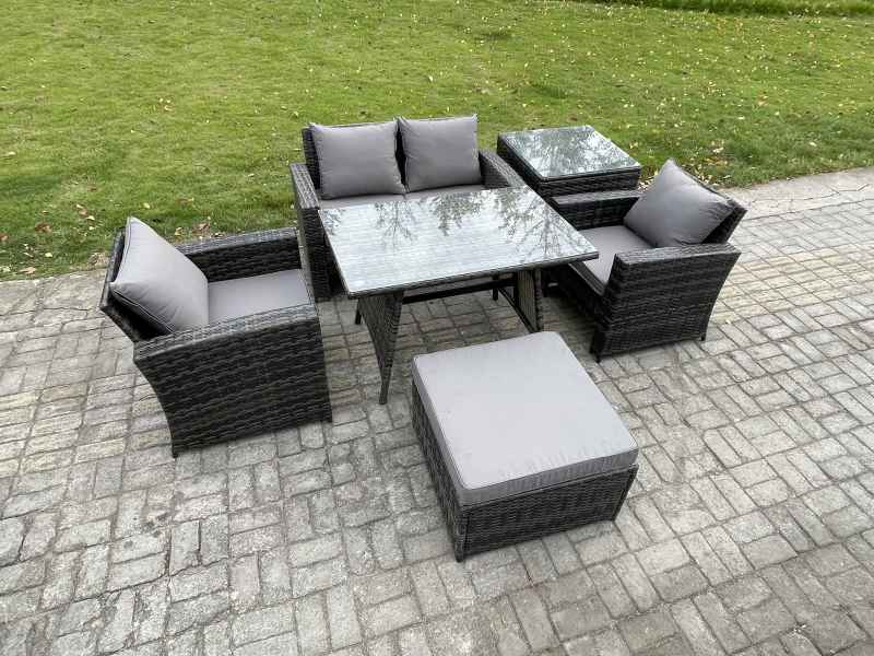 Fimous Outdoor Garden Furniture High Back Rattan Sofa Dining Table Set with Big Footstool Side Table Dark Grey Mixed
