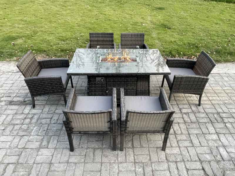 Fimous Outdoor Rattan Garden Furniture Set Gas Fire Pit Rectangular Table Sets Gas Heater with 6 Seater Dining Cahirs Dark Grey Mixed