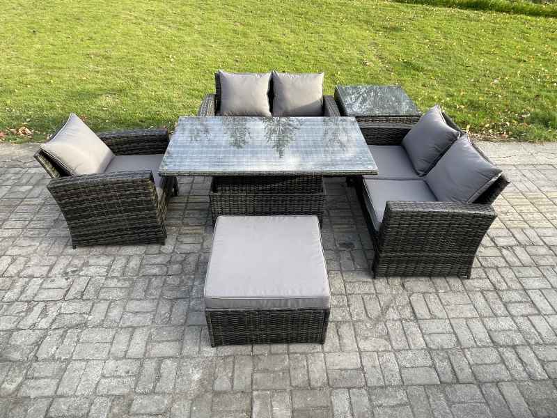 Fimous 6pcs Rattan Outdoor Garden Furniture Set Height Adjustable Rising Lifting Table Sofa Dining Set with Big Footstool Side Table Dark Grey Mixed