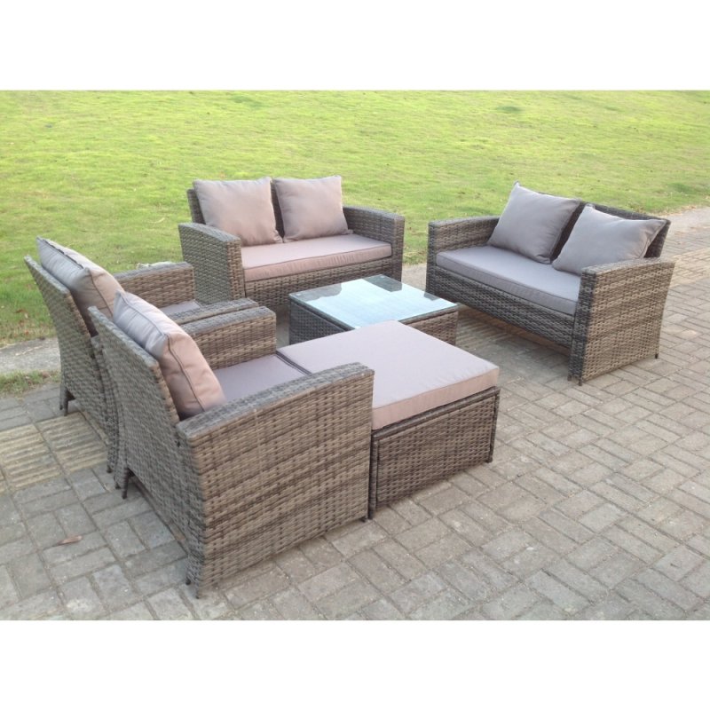 High Back Dark Mixed Grey Rattan Sofa Set Outdoor Furniture Square Coffee Table Big Footstool Chairs 2 Seater Love Sofa 7 Seater