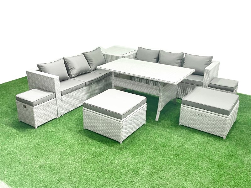 Fimous Rattan Garden Furniture Set Outdoor 10 Seater Patio Dining Sets with Glass Top Dining Table and Side Table Light Grey Mixed