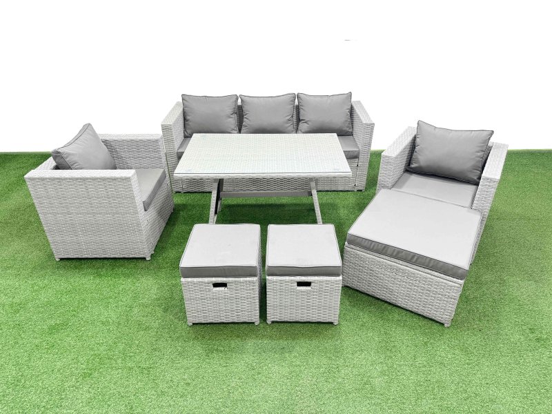 Fimous 8 Pieces Outdoor PE Rattan Sofa Armchair Set Patio Garden Furniture Sets with Cushions 3 Stools Light Grey