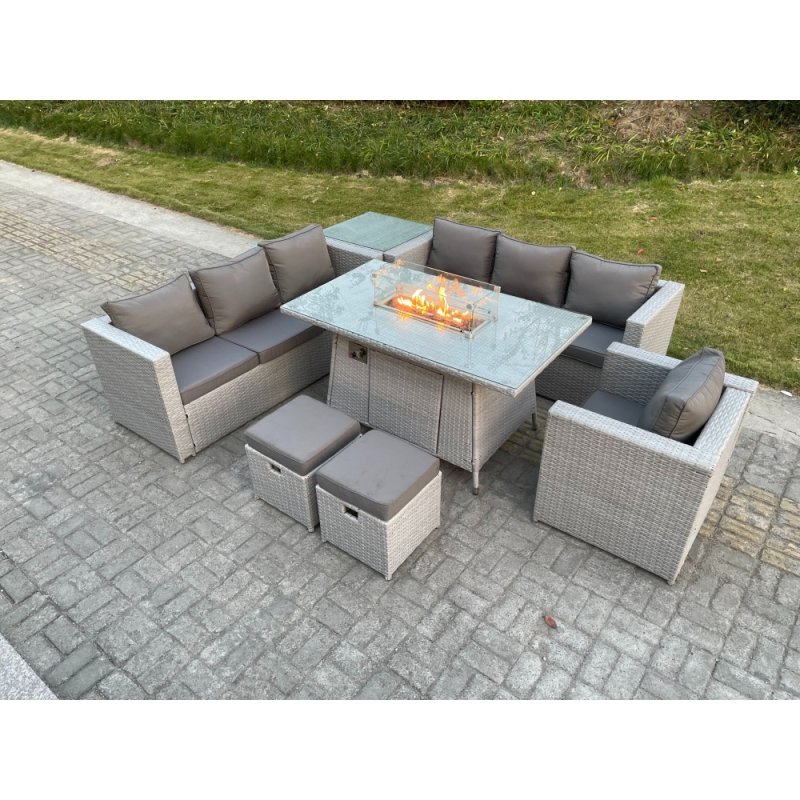 Fimous Light Grey Rattan Fire Pit Garden Furniture Dining Table Set Gas Heater Burner Lounge Sofa With Side Coffee Table