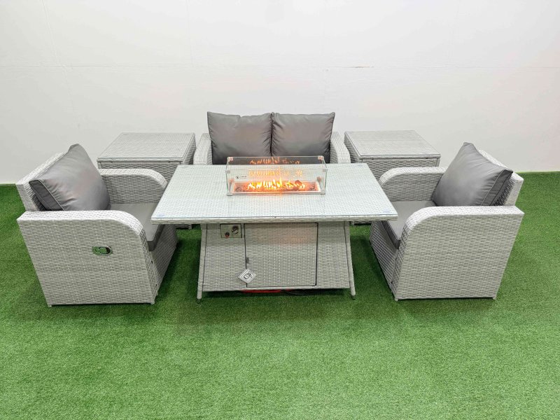 Fimous Light Grey PE Wicker Rattan Garden Furniture Set Sofa Set Reclining Chair Firepit Dining Table 4 Seater With 2 Side Table