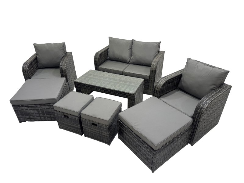 Fimous 3 Seater Sofa Reclining Chair Coffee Table Set Rattan Garden Outdoor Furniture Set with 4 Stool Dark Grey Mixed