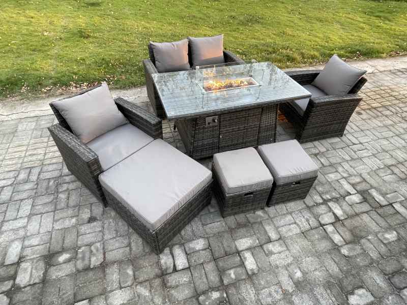 Fimous 7 Seater?Outdoor Rattan Sofa Set Garden Furniture Gas Firepit Dining Table Heater with 3 Footstools Dark Grey Mixed