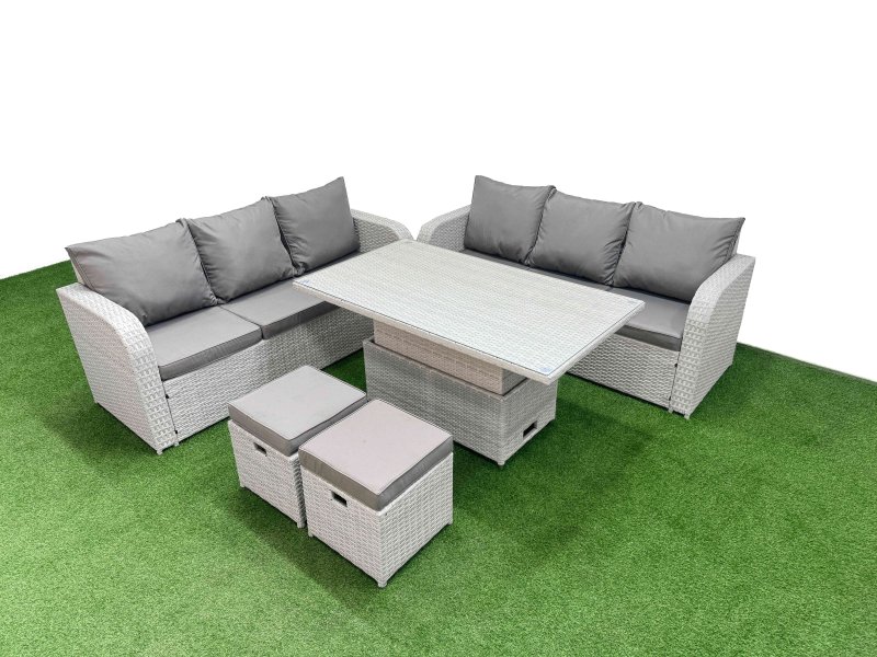 Fimous Outdoor Garden Furniture Sets 8 Seater Wicker Rattan Furniture Sofa Sets with Adjustable Lifting Dining or Coffee Table high Back Lounge Sofa Stools Light Grey