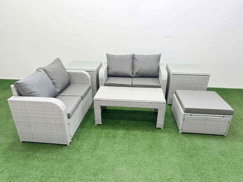 Fimous 5 Seater Outdoor Love Sofa Set Rattan Garden Furniture Set with Oblong Coffee Table Big Footstool 2 Side Tables Light Grey