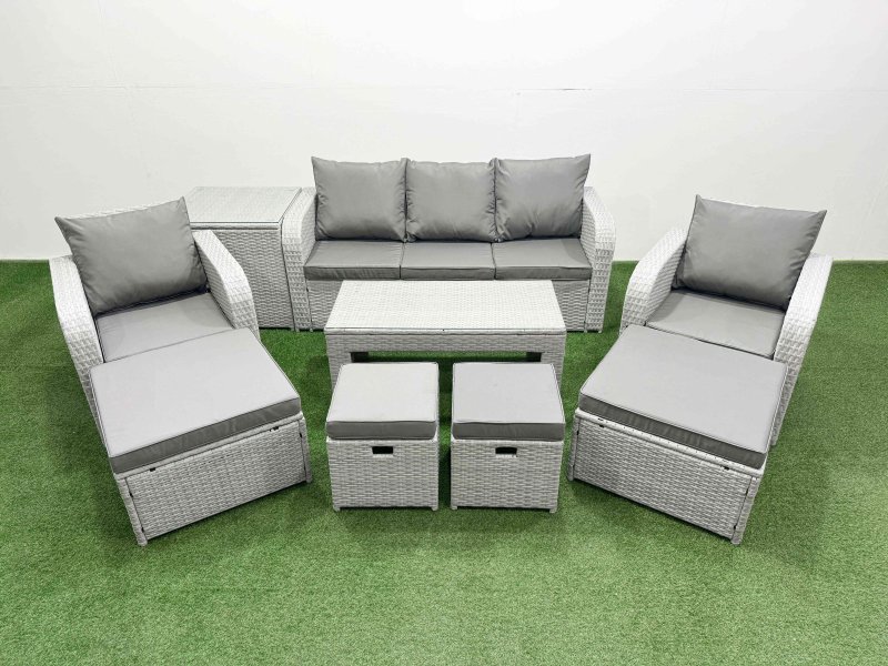 Fimous PE Wicker Rattan Furniture Sofa Sets with Oblong Coffee Table 3 Seater Sofa 4 Stools Side Table Light Grey Mixed