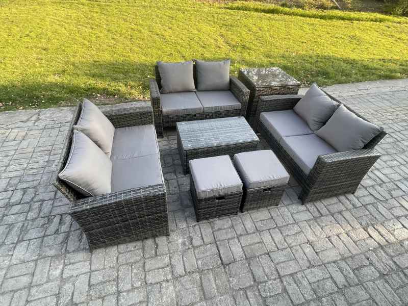 Fimous 7pc Rattan Sofa Garden Furniture Outdoor Patio Set with Side Table 2 Small Footstools Double Seat Sofa Dark Grey Mixed