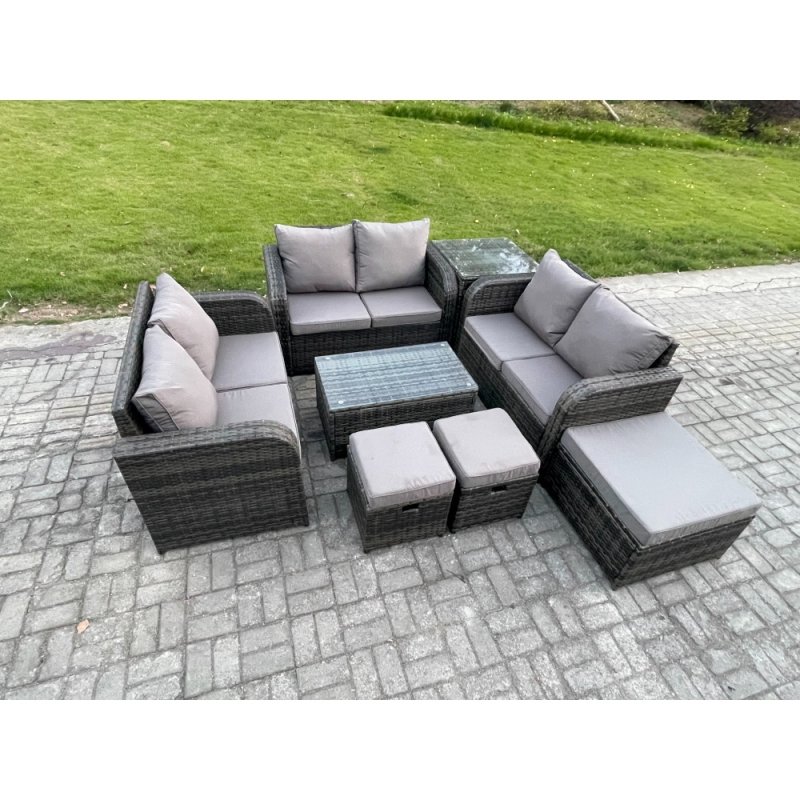 Fimous Outdoor Garden Furniture Sets 9 Seater Wicker Rattan Furniture Sofa Sets with Rectangular Coffee Table Love Sofa 3 Footstools Side Table Dark Grey Mixed