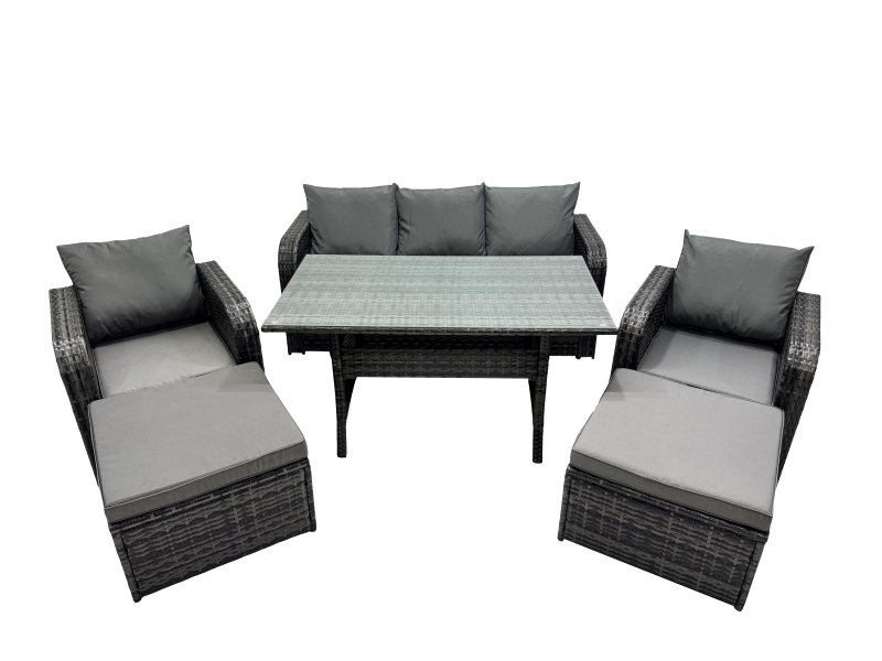 Fimous 7 Seat Outdoor Wicker PE Rattan Garden Furniture Set Dining Table Sofa Set with 2 Big Stool Dark Grey Mixed