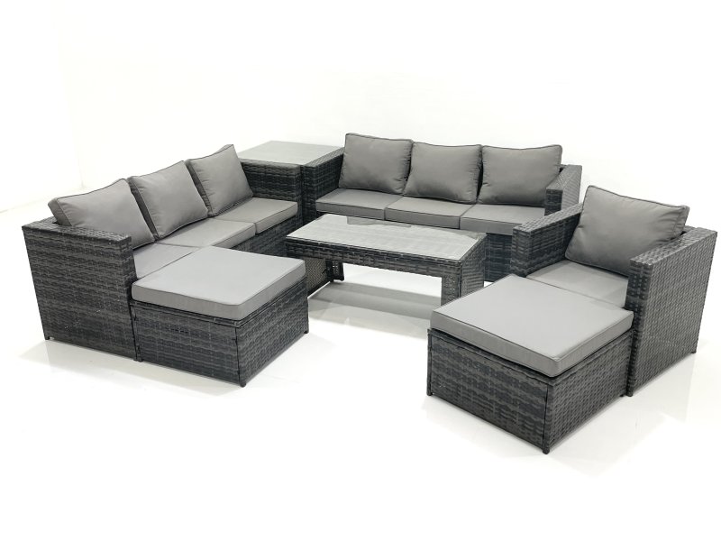 Fimous 9 Seater Rattan Garden Outdoor Furniture Set with 3 Seater Sofa Coffee Table 2 Big Footstool Side table