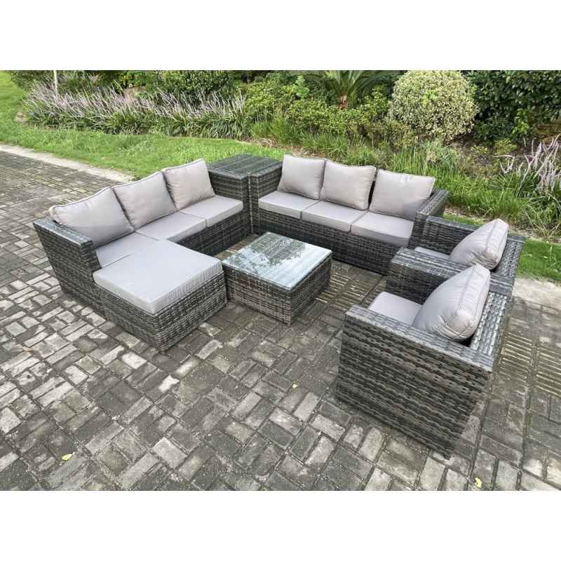 Fimous Outdoor Rattan Garden Furniture Set 9 Seater Patio Lounge Sofa Set with 2 Armchairs Side Table Square Coffee Table Big Footstool Dark Grey Mixed