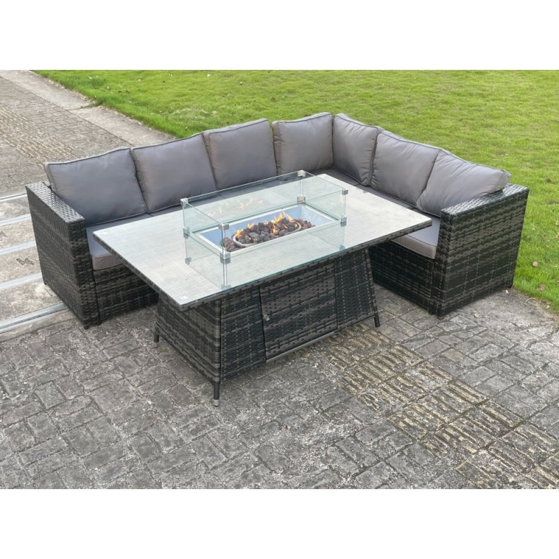 Fimous Outdoor Rattan Garden Corner Sofa Set Garden Furniture Gas Fire Pit Table Dining Sets Gas Heater Lounge Dark Grey 6 Seater