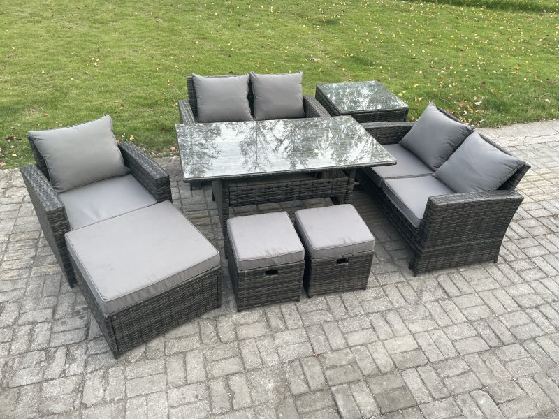 Fimous 8 Seater Outdoor Garden Dining Set Wicker PE Rattan Furniture Sofa with Rectangular Dining Table Double Seat Sofa Side Table 3 Footstools Dark Grey Mixed