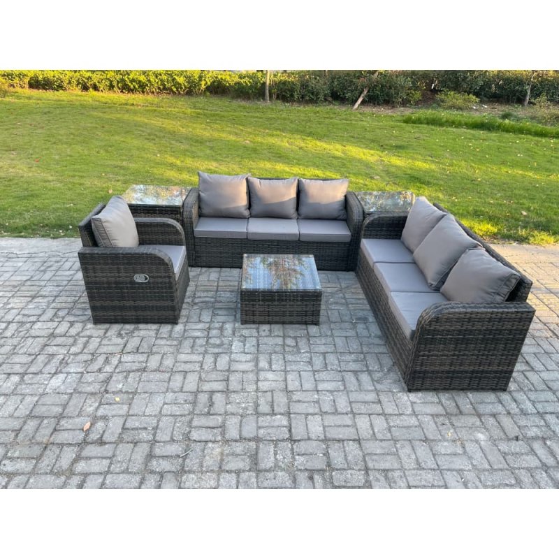 Fimous Outdoor Rattan Garden Furniture Set Conservatory Patio Sofa Coffee Table With Reclining Chair 2 Side Tables Dark Grey Mixed