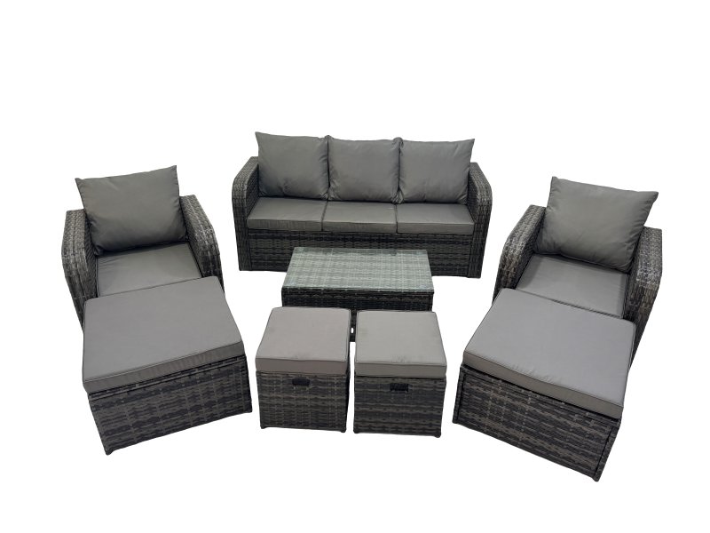 Fimous Outdoor Reclining Chair 3 Seater Sofa Coffee Table Set Garden Rattan Furniture Set 9 Seater with 4 Stools Dark Grey