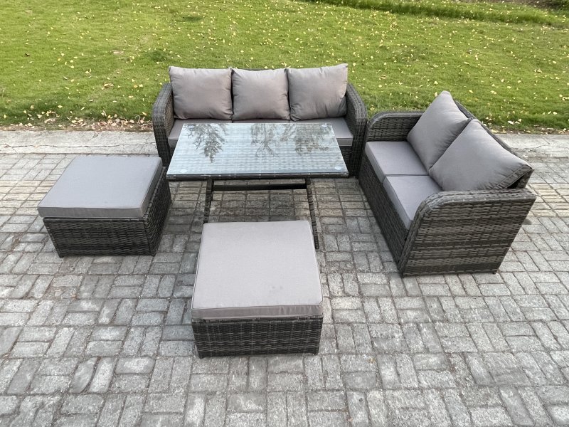 Fimous High Back PE Rattan Sofa Set Outdoor Garden Furniture Dining Table Set Love Sofa 3 Seater Sofa 2 Big Footstool