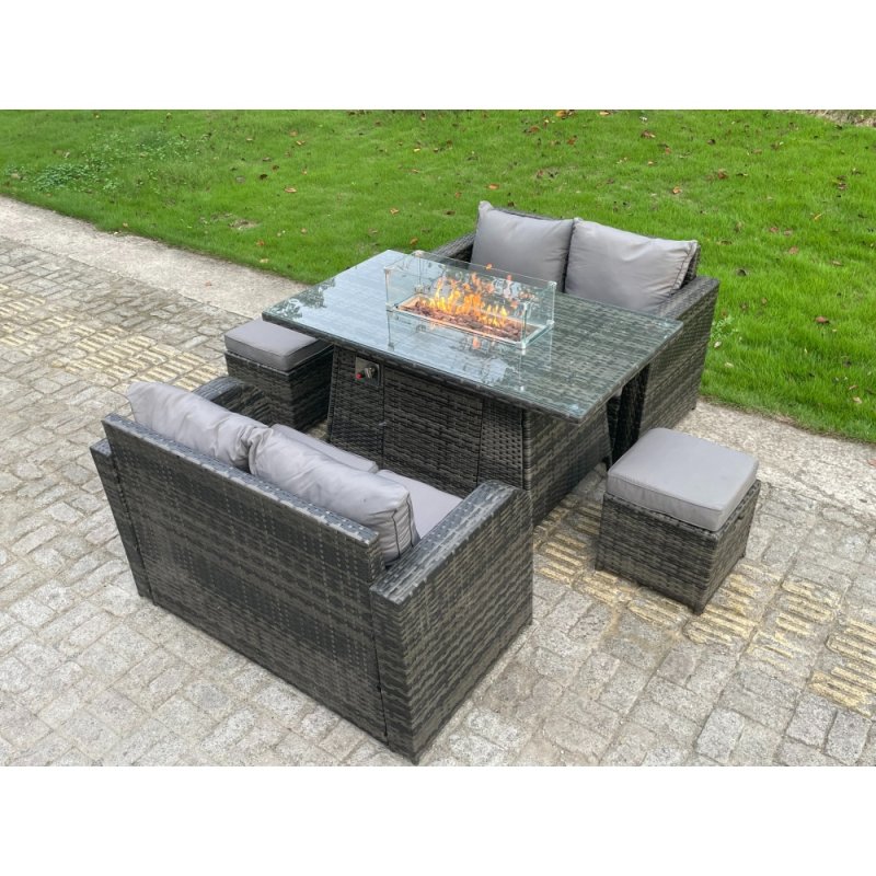 Fimous Outdoor Rattan Garden Furniture Sofa Set Dining Table Gas Fire Pit Table Two Seater Double Love Sofa Footstools 6 Seater