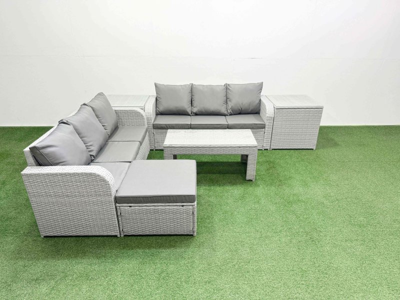 Fimous Outdoor Garden Furniture Sets 7 Seater Wicker Rattan Furniture Sofa Sets with Oblong Coffee Table high Back Lounge Sofa Big Footstool 2 Side Table Light Grey