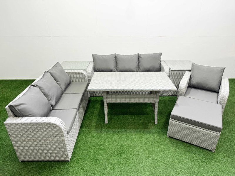 Fimous 8 Seater Poly Rattan Outdoor Garden Furniture Rectangular Dining Table Sofa Set Patio 3 Seater Sofa Reclining Chair 3 Seater Sofa Big Footstool 2 Side Table Light Grey