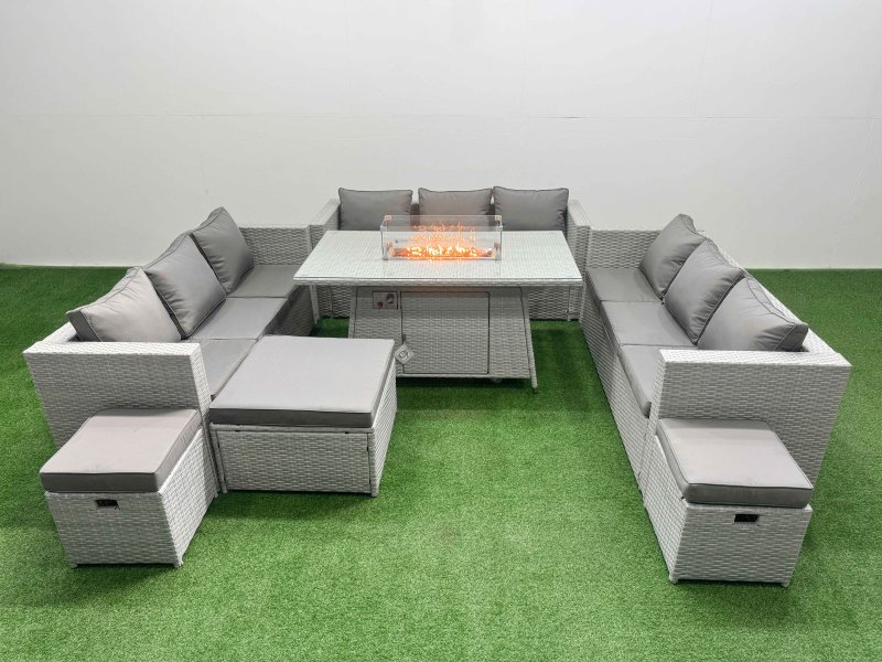 Fimous PE Rattan Lounge Sofa Set Outdoor Garden Furniture Set with Firepit Dining Table 3 Seater Sofa 3 Stools Light Grey