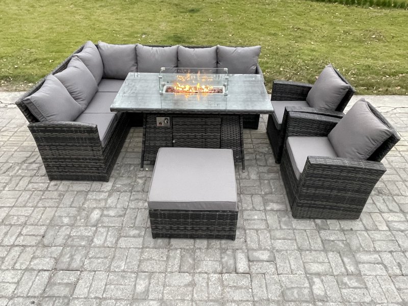 Fimous 9 Seater Outdoor Rattan Garden Furniture Set Corner Sofa Gas Fire Pit Dining Table Sets Gas Heater with Big Footstool 2 Armchair Dark Grey Mixed
