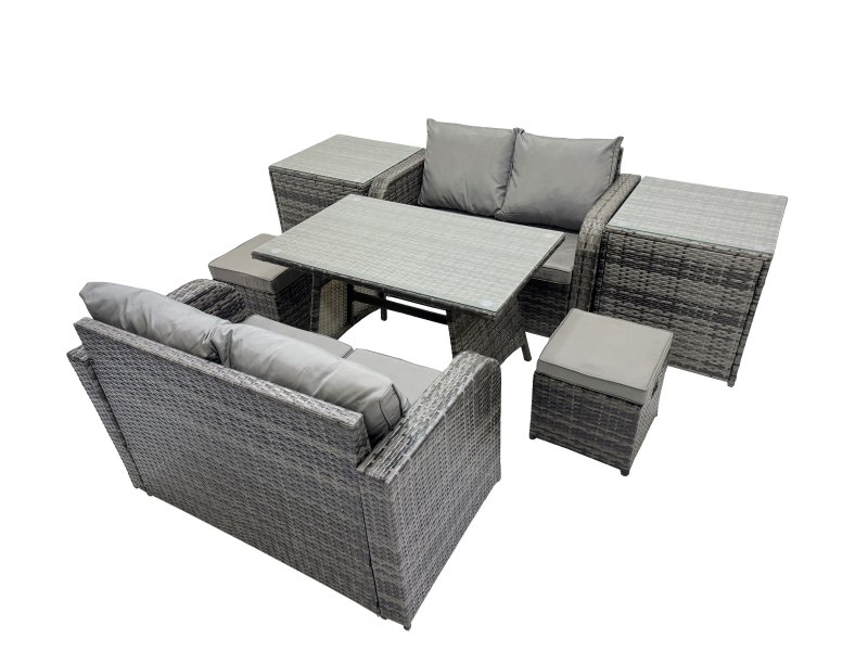 Fimous 6 Seater Garden Outdoor Rattan Furniture Set Rattan Sofa Oblong Dining Table with 2 Small Footstools 2 Side Table Dark Grey