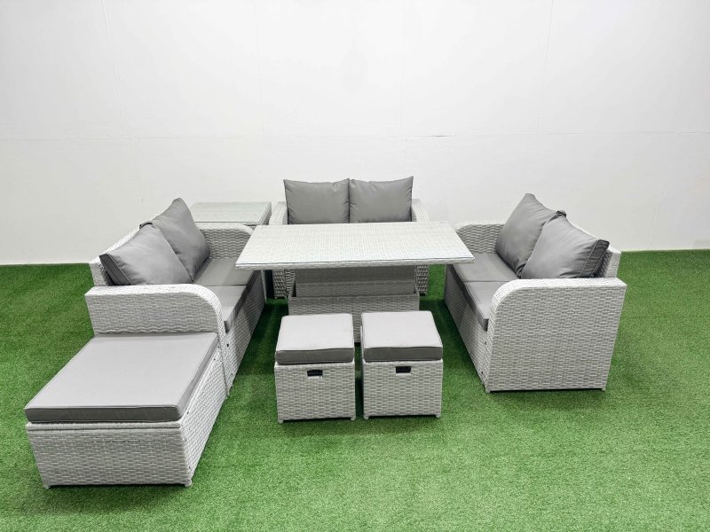 Fimous 9 Seater PE Wicker Rattan Furniture Sofa Sets with Adjustable Lifting Dining or Coffee Table 2 Seater Love Sofa 3 Stool Side Table Light Grey