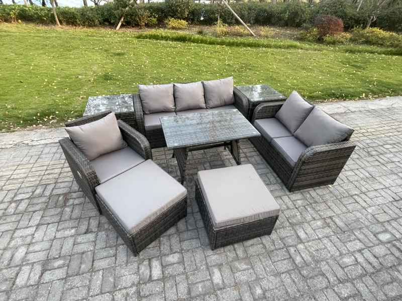 Fimous 8 PCS Outdoor Lounge Sofa Set Wicker PE Rattan Garden Furniture Set with Rectangular Dining Table Armchair 2 Big Footstool 2 Side Tables Dark Grey Mixed