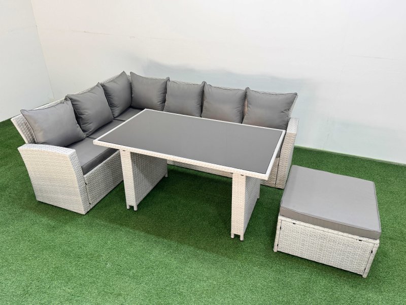 Fimous 7 Seater Wicker Rattan Corner Sofa Sets Outdoor Garden Furniture Sets with Rectangular Dining Table Lounge Sofa Big Footstool Light Grey
