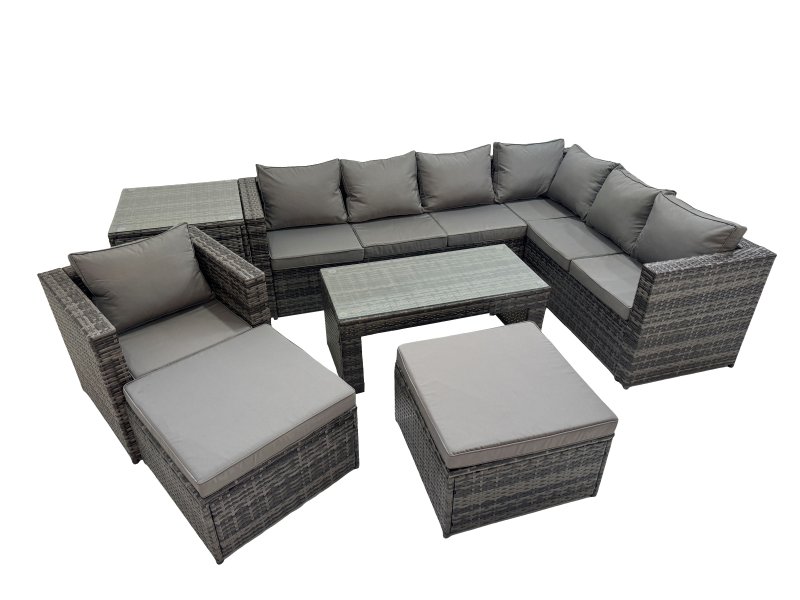 Fimous Outdoor Rattan Oblong Coffee Table Corner Sofa Sets Garden Furniture Set with Chair 2 Big Stools Side Table Dark Grey Mixed